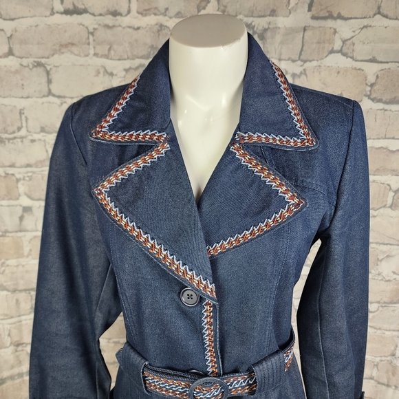 GAP Belted Denim Trench Coat  Embroidered Retro Blue Size Small - Picture 5 of 16
